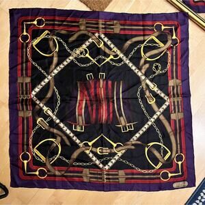 Lauren Ralph Lauren Equestrian Horse Bit Purple Red Black 35” Silk Scarf